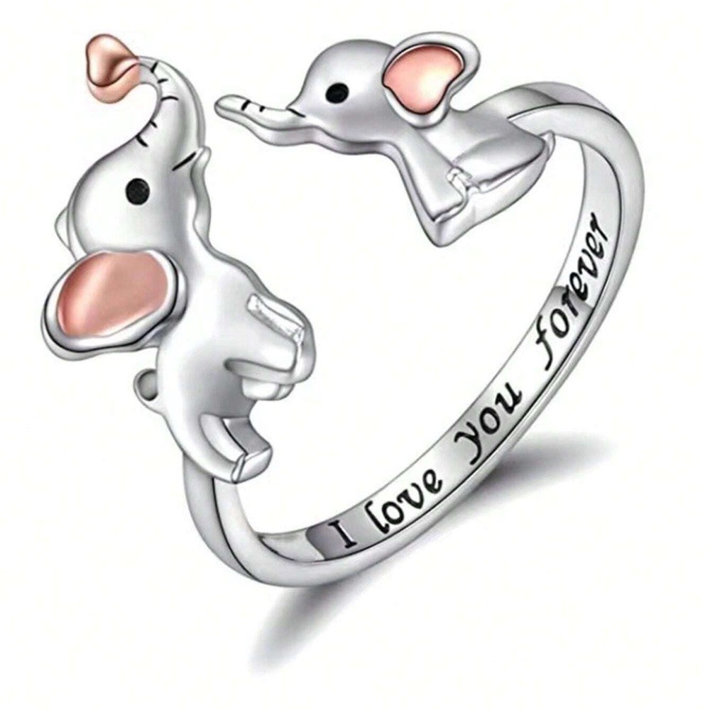 Silver Elephant Ring with Pink Accents, I Love You Forever Engraved Ring